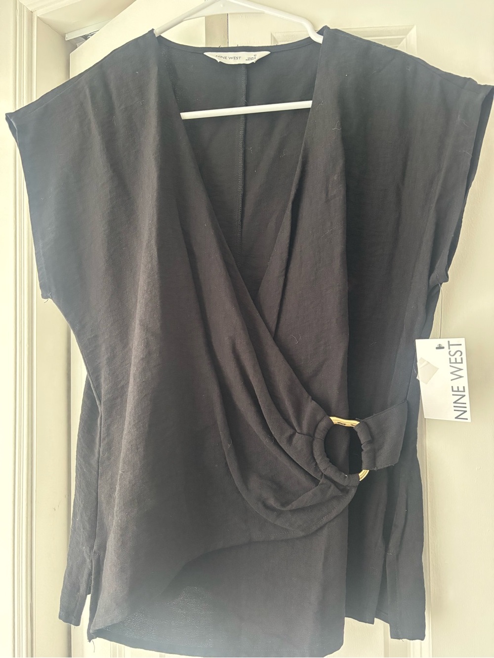 Nine West Black Draped Wrap Top with Gold Ring Accent